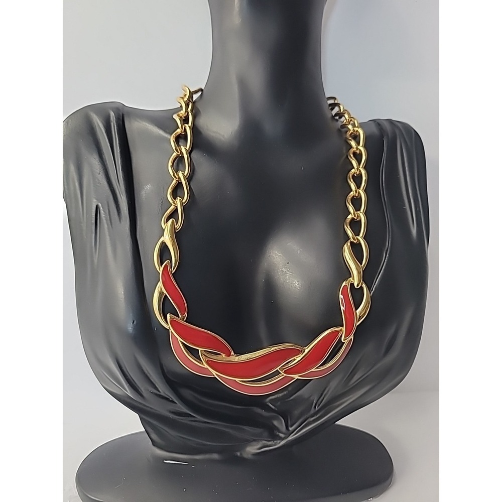 Vintage Napier Gold Tone Red Enamel Chunky Link Statement Necklace Jewelry - Picture 6 of 15